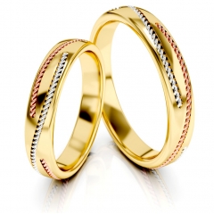 Trzykolorowe złote zdobione obrączki ślubne z motywem liny próby 585